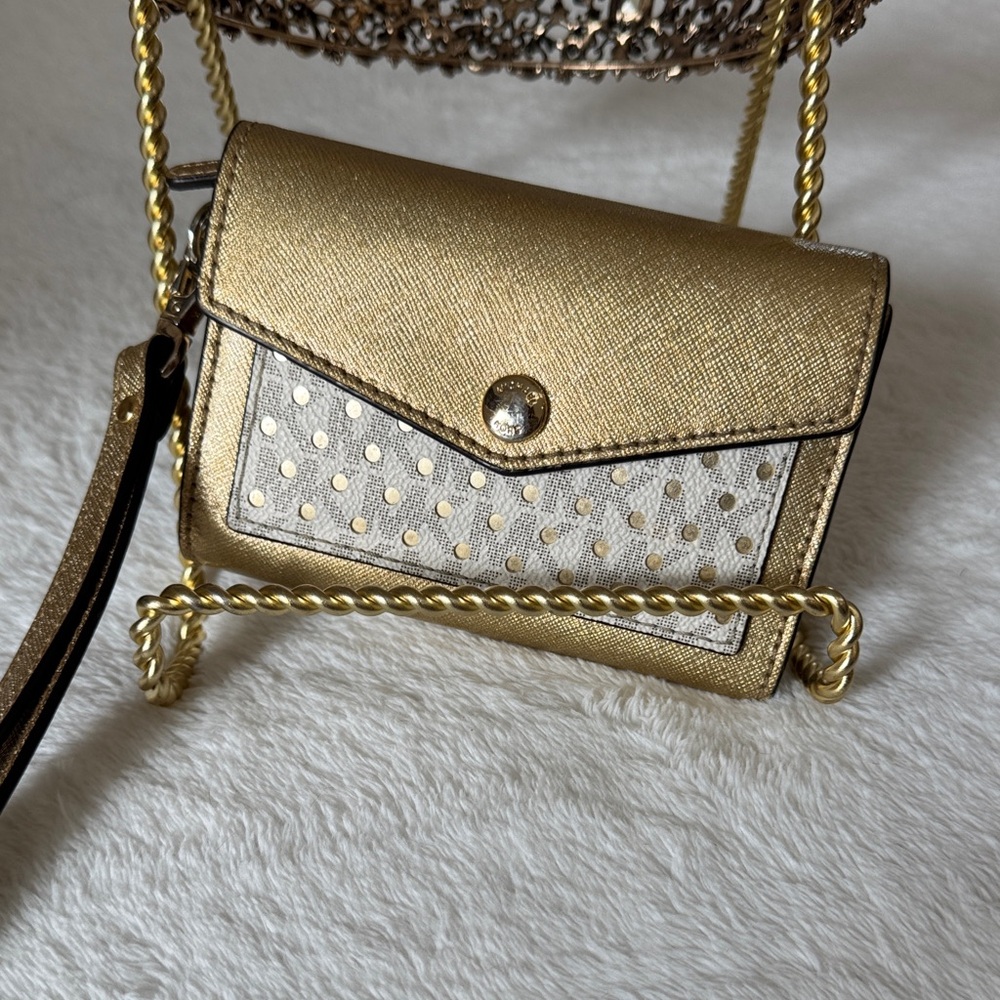 Michael Kors Jet Set Gold and White Polka Dot flip wallet NWOT